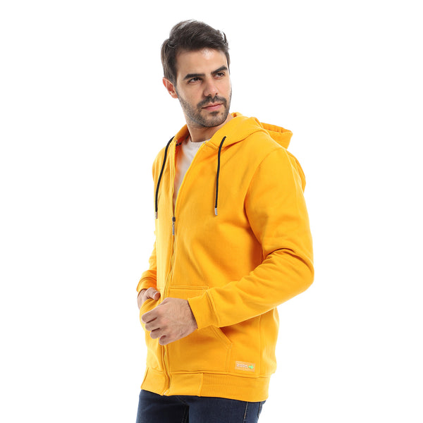 Plain Hooded Fully Zipped Sweatshirt With Long Sleeves - Yellow