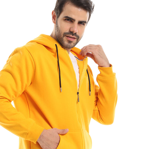 Plain Hooded Fully Zipped Sweatshirt With Long Sleeves - Yellow