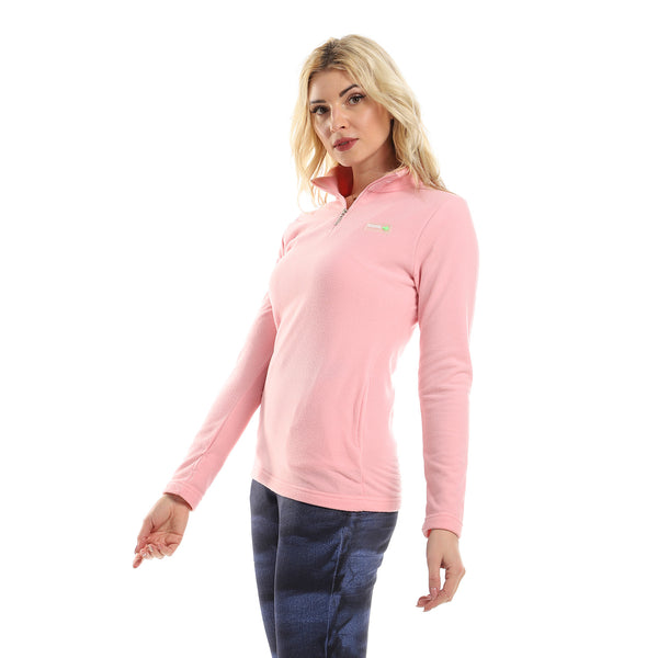Pastel Pink Zipped Band Neck Sportive Sweatshirt