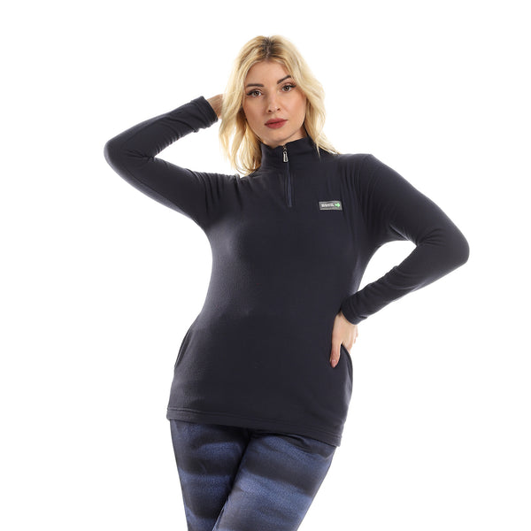 Wool Long Sleeved Sweatshirt With Side Pockets - Navy Blue