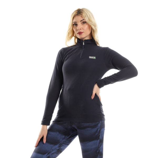 Wool Long Sleeved Sweatshirt With Side Pockets - Navy Blue