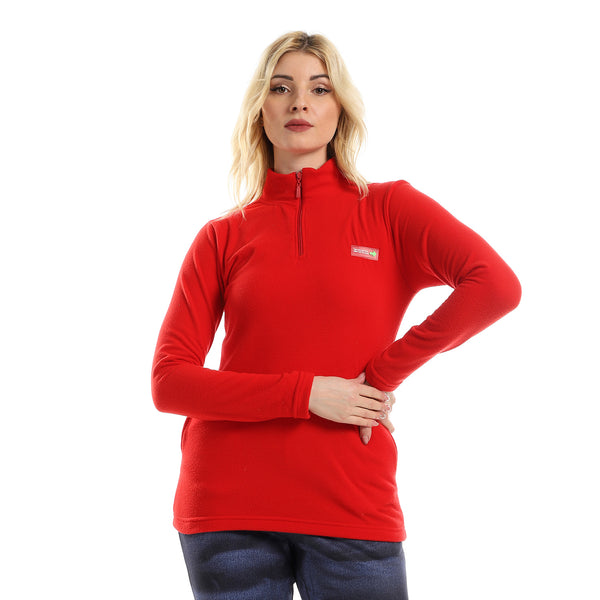 Long Sleeved Wool Sweatshirt With Zipped Neck - Red