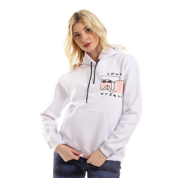 Printed Hooded Sweatshirt With inner Fleece - White, Nude & Black