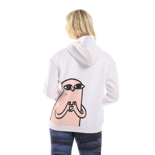 Printed Hooded Sweatshirt With inner Fleece - White, Nude & Black