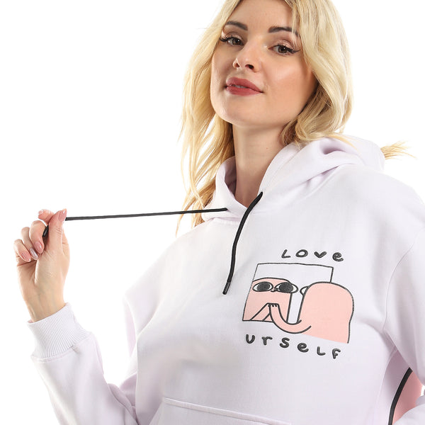 Printed Hooded Sweatshirt With inner Fleece - White, Nude & Black