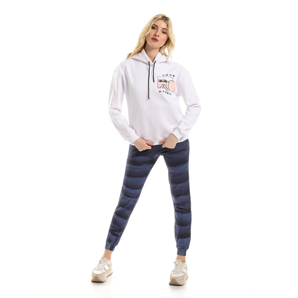 Printed Hooded Sweatshirt With inner Fleece - White, Nude & Black