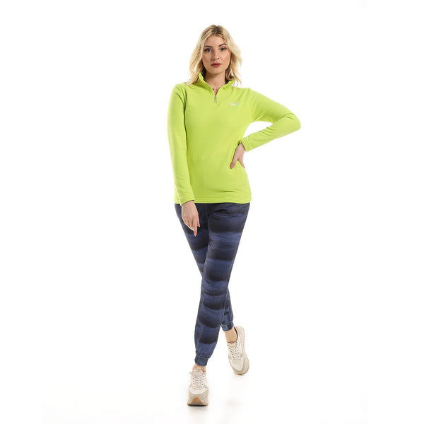 Zipped Band Neck Sweatshirt With Side Pockets - Lime