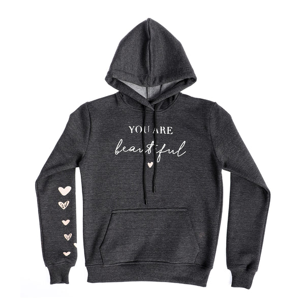 Girls Hooded Sweatshirt With Prints On Sleeves - Heather Grey & White