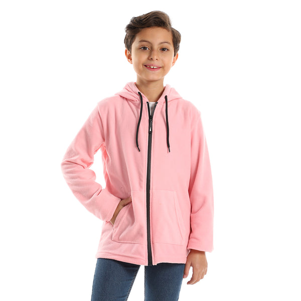 Pink Soft Fleece Hips Length Hooded Sweatshirt