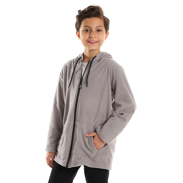 Long Sleeves Zipper Closure Fleece Sweatshirt - Grey