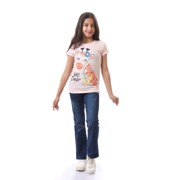 Girls Printed Giraffe Short Sleeves T-Shirt - Heather Rose