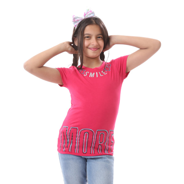 Girls Round Neck Printed "Smile"  T-Shirt - Fuchsia