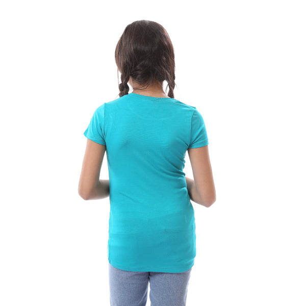 Girls Colorful Print Short Sleeves  T-Shirt - Turquoise