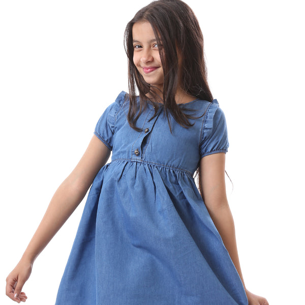 Girls Short Sleeves Solid Summer Dress - Dark Blue