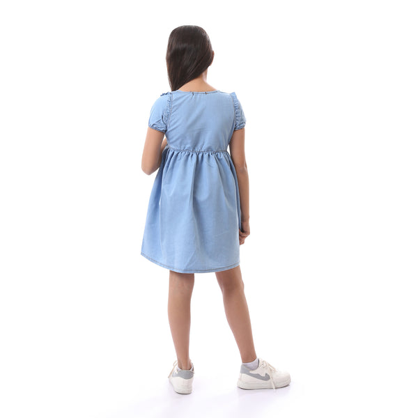 Girls Half Buttons Short Sleeves Dress - Light Blue