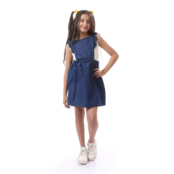 Girls Solid  Summer Denim Short Dress - Navy Blue