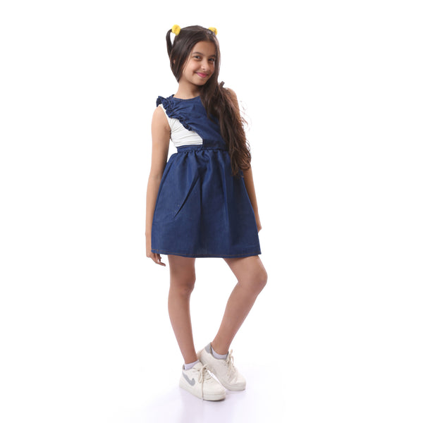 Girls Solid  Summer Denim Short Dress - Navy Blue