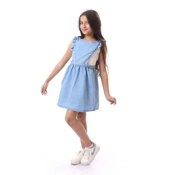 Girls Sleeveless Zipped Back  Denim Dress - Light Blue