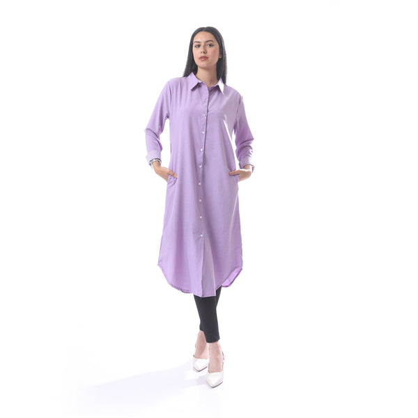 Dotted_Casual_Button_Down_Shirt_Dress_With_Side_Pockets_-_Lilac