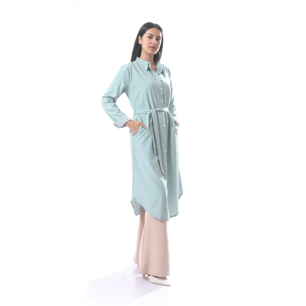 Dotted_Print_Button_Down_Casual_Shirt_Dress_With_Belt_-_Mint_Green