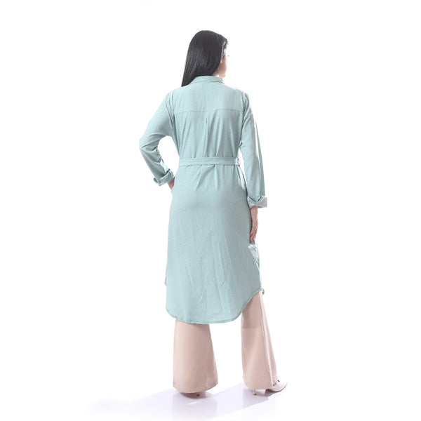 Dotted_Print_Button_Down_Casual_Shirt_Dress_With_Belt_-_Mint_Green