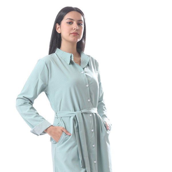 Dotted_Print_Button_Down_Casual_Shirt_Dress_With_Belt_-_Mint_Green