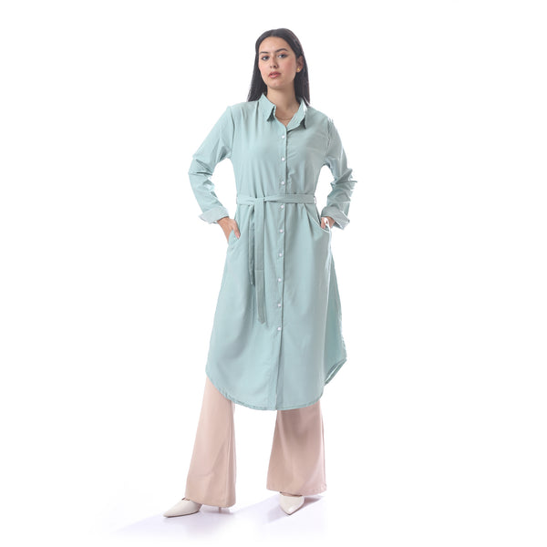 Dotted_Print_Button_Down_Casual_Shirt_Dress_With_Belt_-_Mint_Green