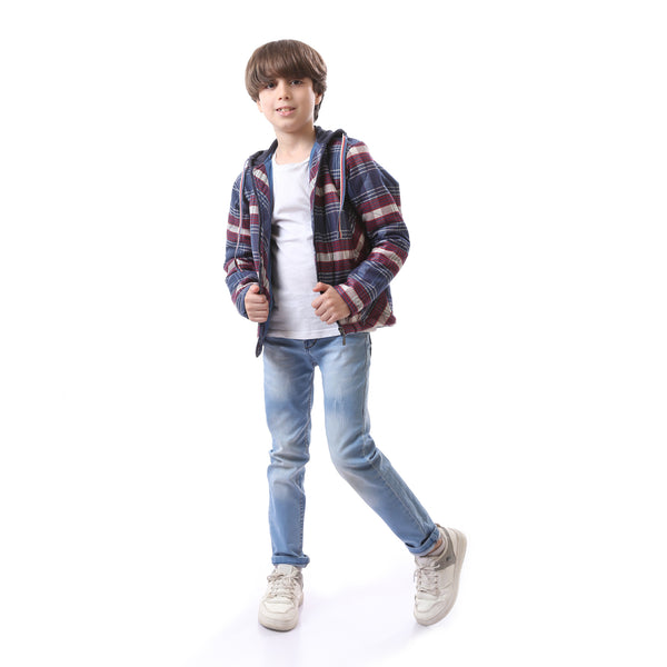 Hooded Plaid Boys Jacket With Side Pockets - Blue, Red & White