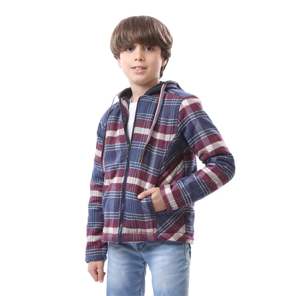 Hooded Plaid Boys Jacket With Side Pockets - Blue, Red & White