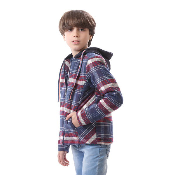 Hooded Plaid Boys Jacket With Side Pockets - Blue, Red & White