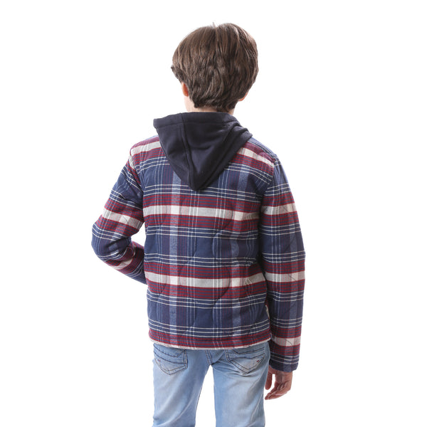 Hooded Plaid Boys Jacket With Side Pockets - Blue, Red & White