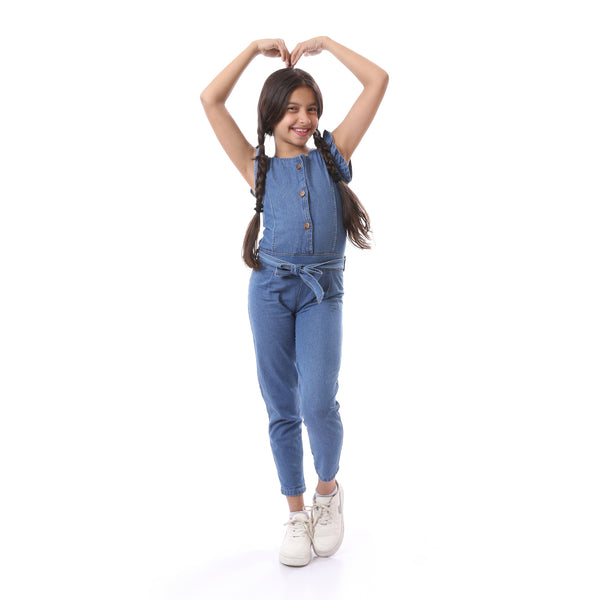 Girls Sleeveless with Ruffle Casual  Denim Jumpsuit - Light Blue