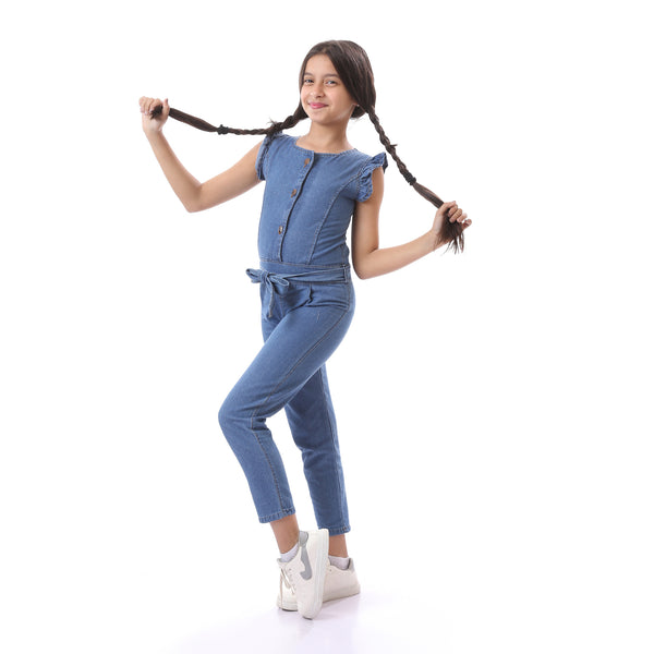 Girls Sleeveless with Ruffle Casual  Denim Jumpsuit - Light Blue