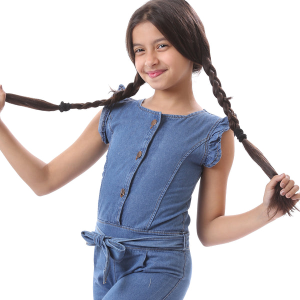 Girls Sleeveless with Ruffle Casual  Denim Jumpsuit - Light Blue