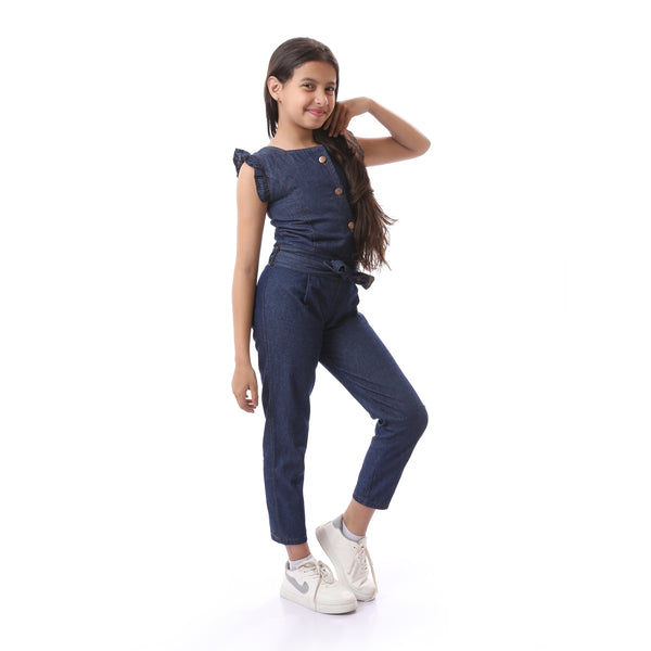 Girls Buttoned Round Neck Denim Jumpsuit - Navy Blue