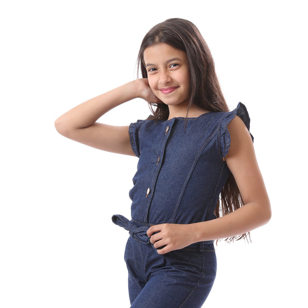 Girls Buttoned Round Neck Denim Jumpsuit - Navy Blue