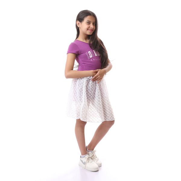 Girls Dress with White Self Pattern Accent - Purple
