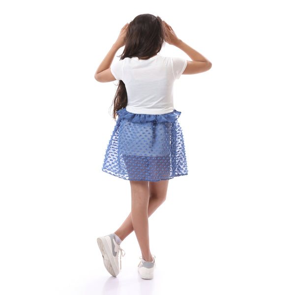 Girls Short Sleeves Printed Summer Short Dress - White & Dusty Blue