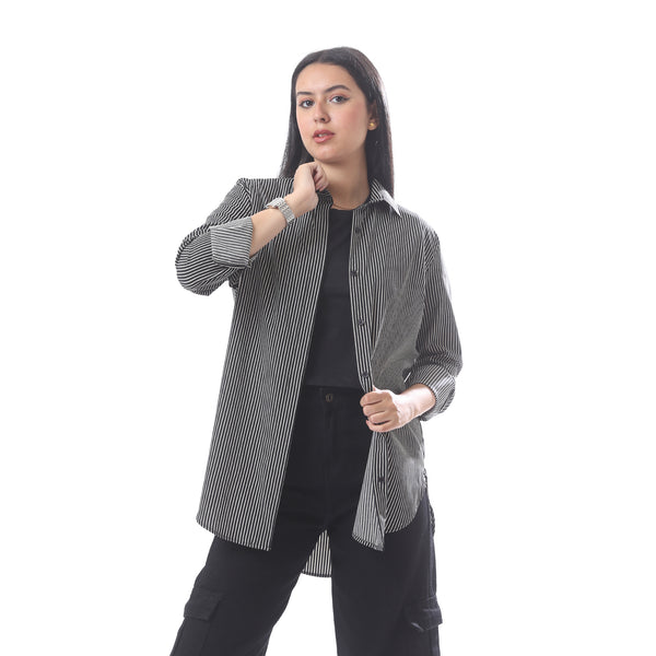 High_Low_Casual_Button_Down_Long_Sleeves_Shirt_-_Black_&_White