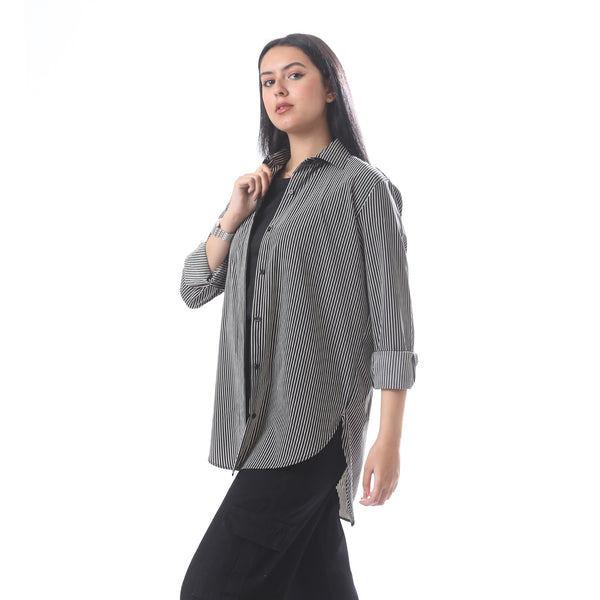 High_Low_Casual_Button_Down_Long_Sleeves_Shirt_-_Black_&_White