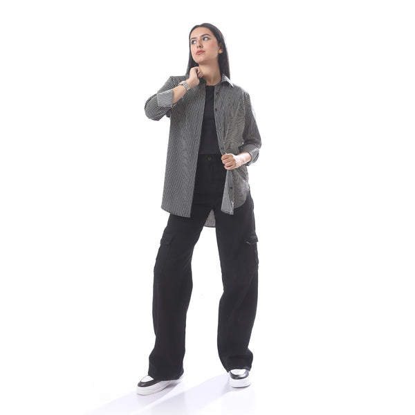 High_Low_Casual_Button_Down_Long_Sleeves_Shirt_-_Black_&_White