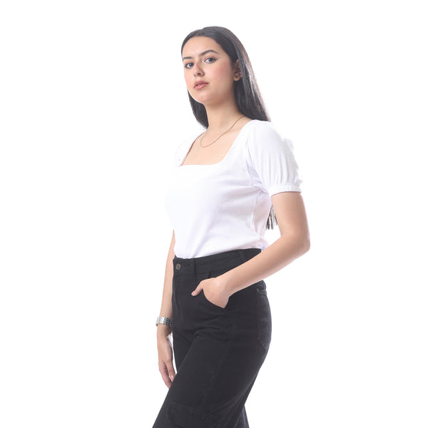Square_Neck_Casual_Ribbed_Top_With_Short_Sleeves_-_White