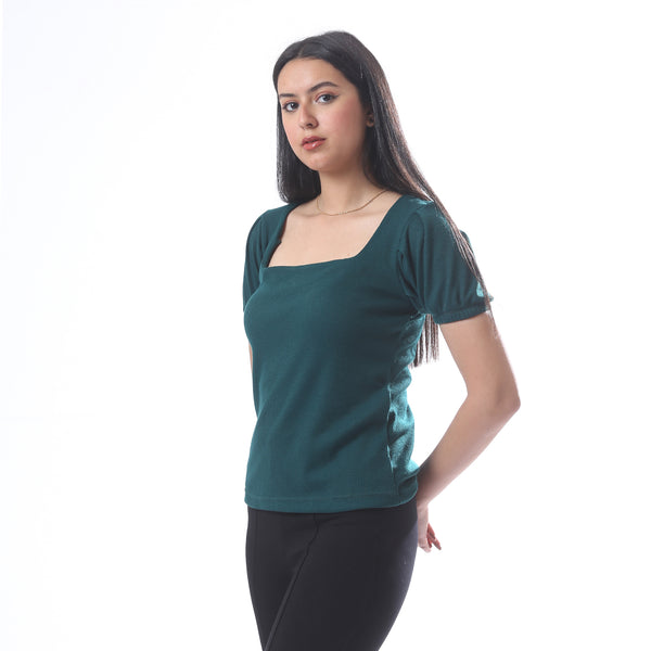 Short_Sleeves_Must_Have_Ribbed_Top_With_Square_Neckline_-_Dark_Green