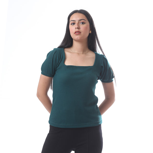 Short_Sleeves_Must_Have_Ribbed_Top_With_Square_Neckline_-_Dark_Green