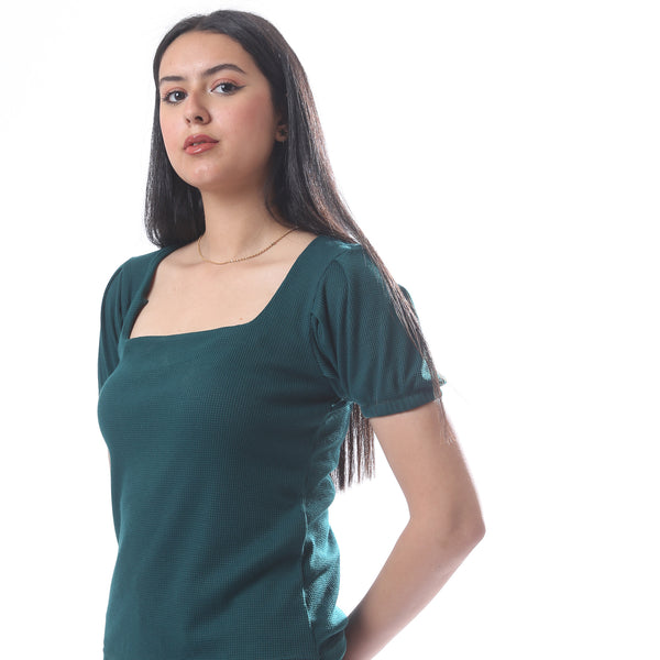 Short_Sleeves_Must_Have_Ribbed_Top_With_Square_Neckline_-_Dark_Green