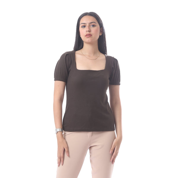 Elegant_Short_Sleeves_Ribbed_Top_With_Square_Neckline_-_Brown