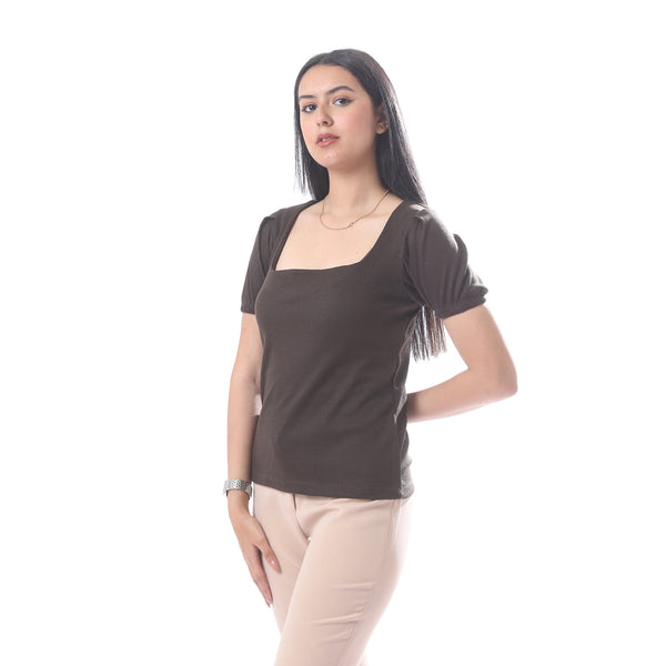 Elegant_Short_Sleeves_Ribbed_Top_With_Square_Neckline_-_Brown