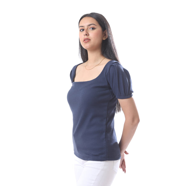 Short_Sleeves_Casual_Ribbed_Top_With_Square_Neckline_-_Navy_Blue
