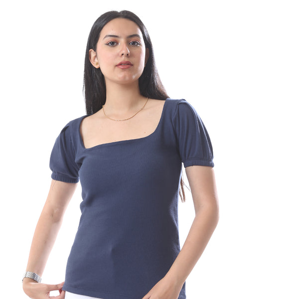 Short_Sleeves_Casual_Ribbed_Top_With_Square_Neckline_-_Navy_Blue