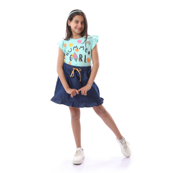 Girls Short Sleeves T-Shirt with Polka Dots Pattern - Blue